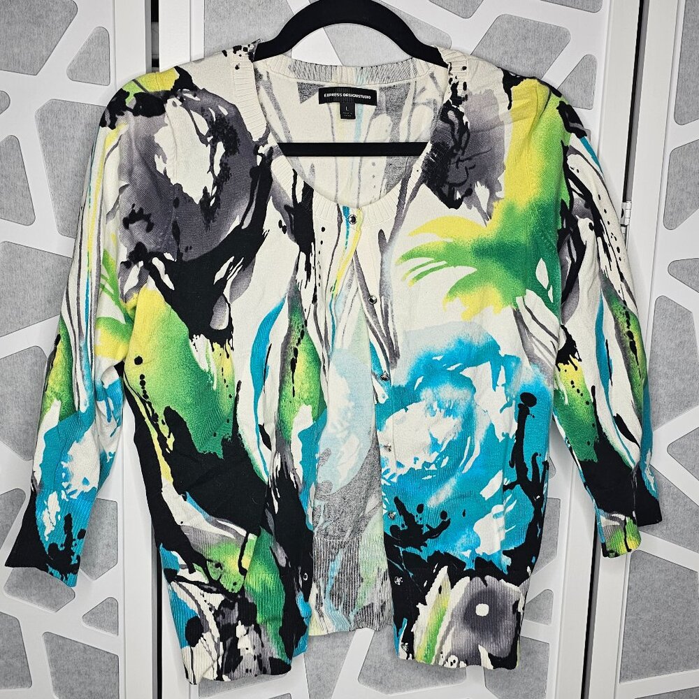 Express Button Down Floral Multi Color Print Swea… - image 1